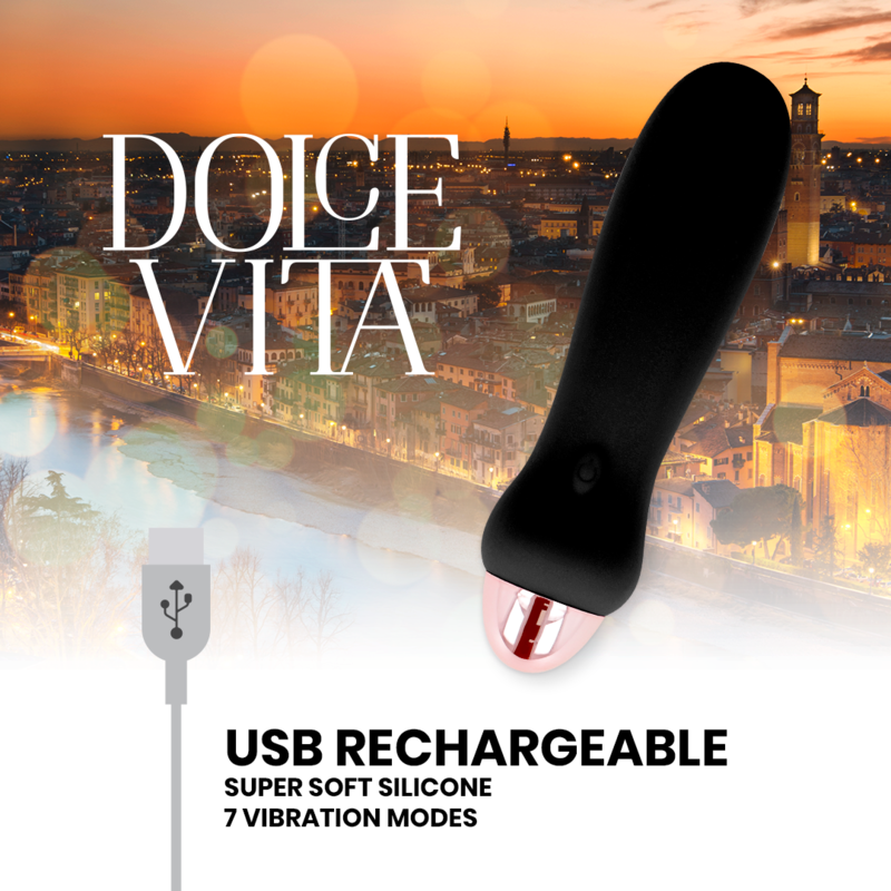 DOLCE VITA - GENOPLADELIG VIBRATOR MED FEM SORT 7 HASTIGHEDER