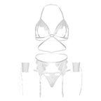 LEG AVENUE - FOUR PIECES SET BRA, G-STRING, GARTER BELT & WRIST CUFFS ONE SIZE - WHITE