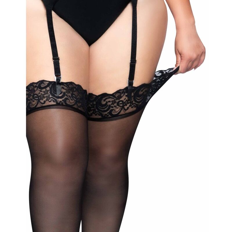 LEG AVENUE - OUTLET - SORTE NYLON STRØMPE MED BLONDE TOP PLUS