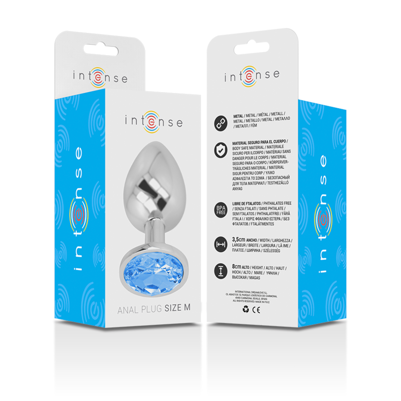INTENSE - ANALPLUG I ALUMINIUM MED BLÅT GLAS STØRRELSE M