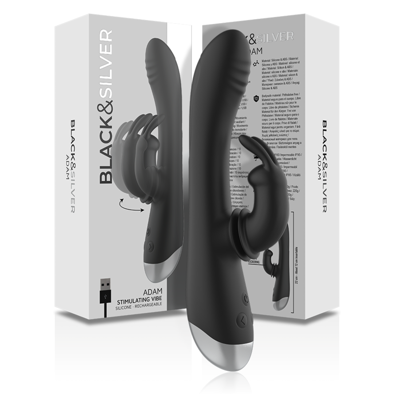 BLACK&SILVER - DJ. ADAM GENOPLADELIG SILIKONE KANINSTIMULATOR SORT