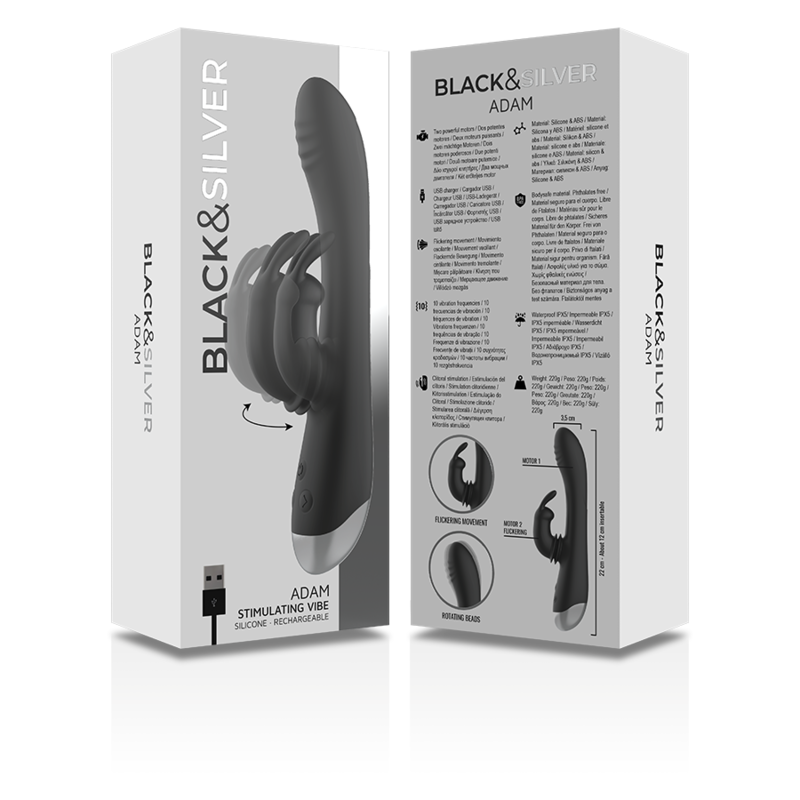 BLACK&SILVER - DJ. ADAM GENOPLADELIG SILIKONE KANINSTIMULATOR SORT