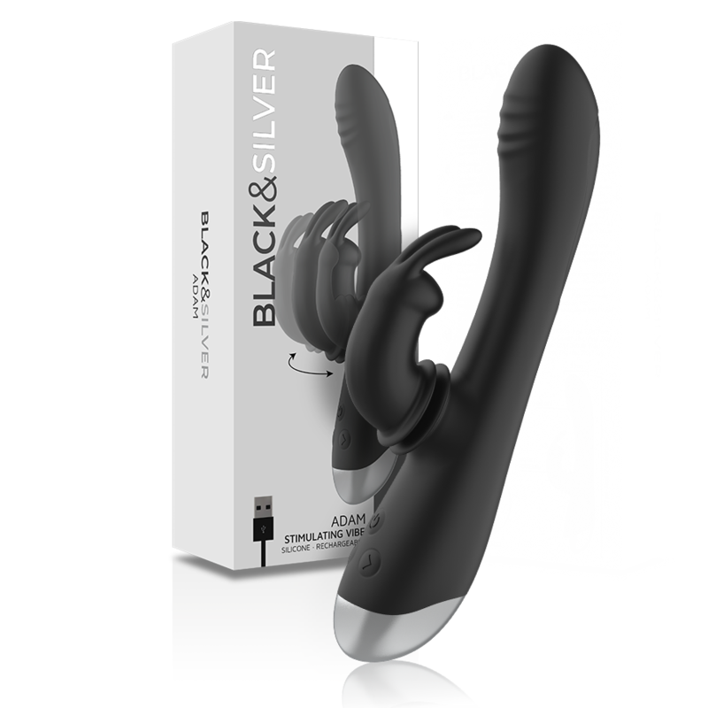 BLACK&SILVER - DJ. ADAM GENOPLADELIG SILIKONE KANINSTIMULATOR SORT