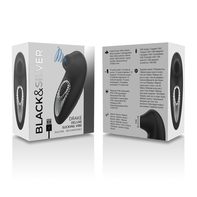 BLACK&SILVER - DRAKE DELUXE SUCKING VIBE GENOPLADELIG SILIKONE SORT