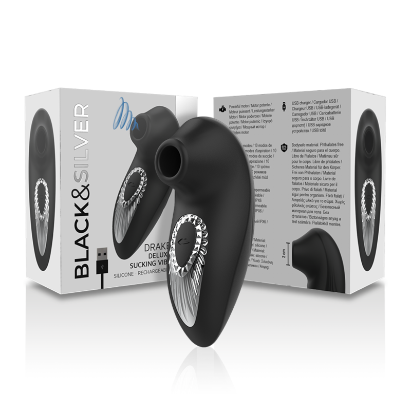 BLACK&SILVER - DRAKE DELUXE SUCKING VIBE GENOPLADELIG SILIKONE SORT