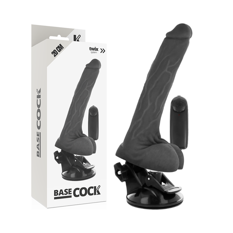 BASECOCK - REALISTISK SORT FJERNBETJENINGSVIBRATOR MED TESTIKLE 20 CM -O- 4 CM