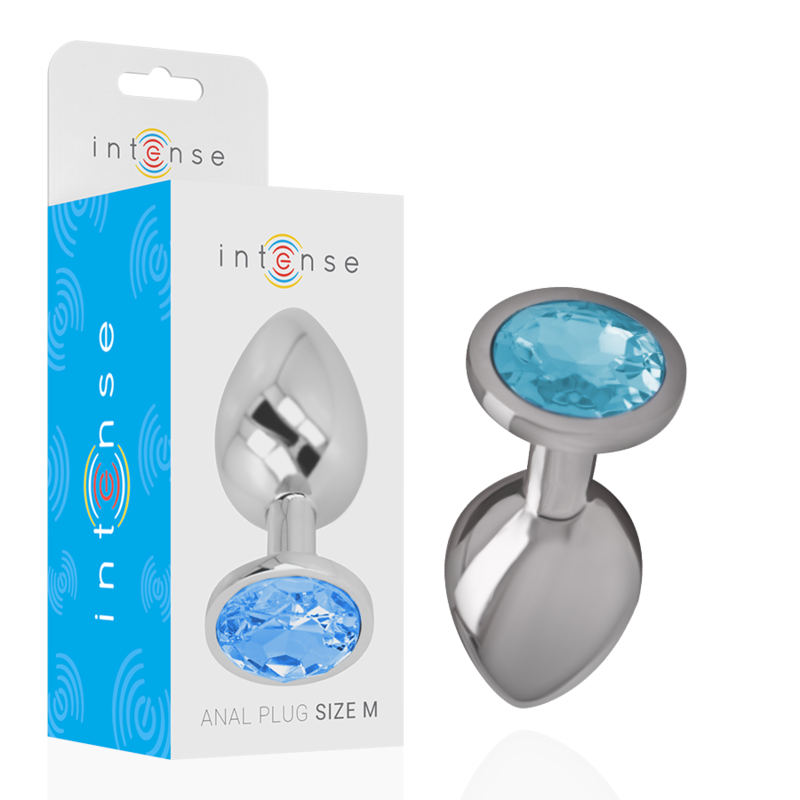 INTENSE - ANALPLUG I ALUMINIUM MED BLÅT GLAS STØRRELSE M