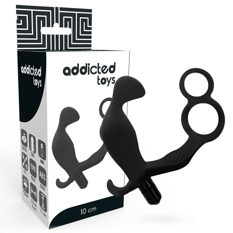 ADDICTED TOYS - ANALPLUG MED DOBBELT PENIS RING OG TESTIKLE SORT