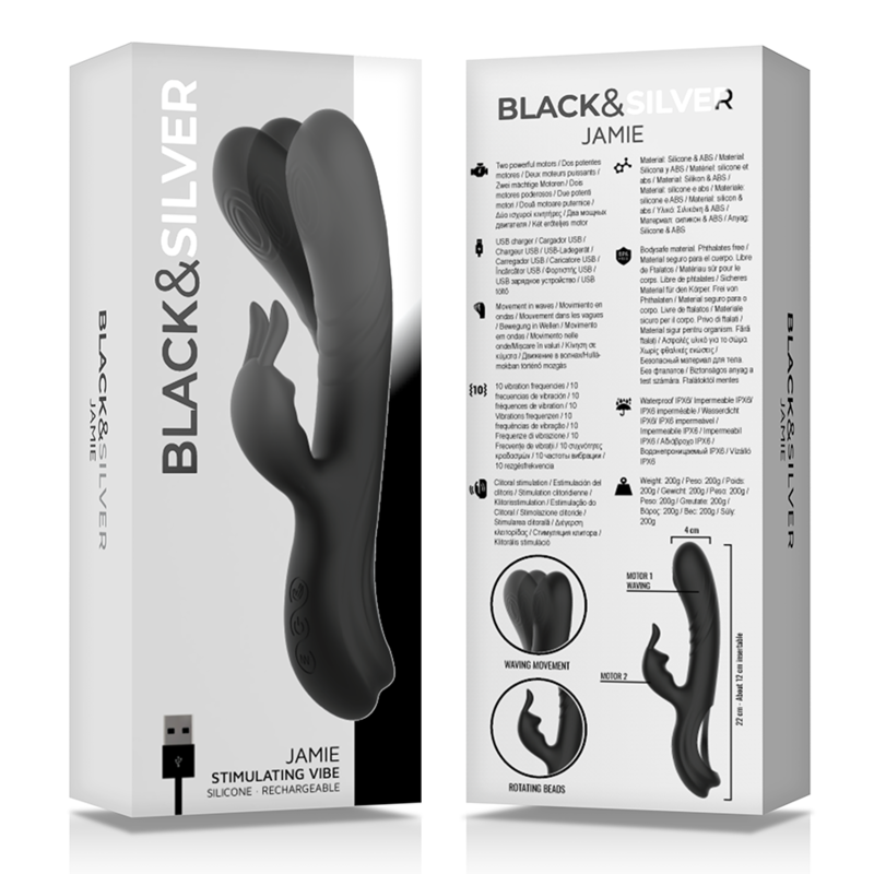BLACK&SILVER - JAMIE GENOPLADELIG SILIKONE KANINSTIMULATOR SORT