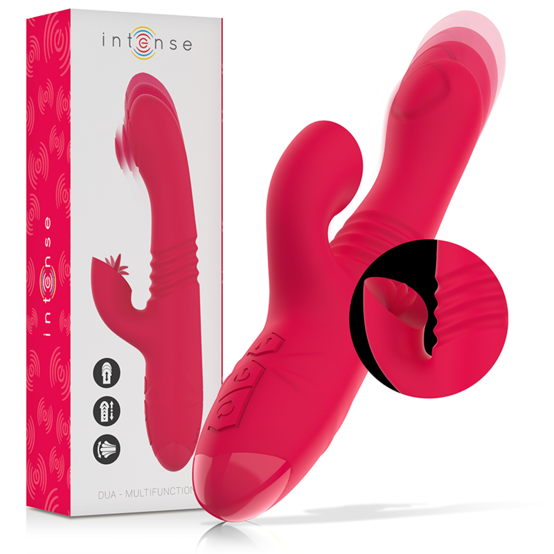 INTENSE - DUA MULTIFUNKTIONS GENOPLADELIG OP- OG NEDVIBRATOR MED RØD TUNGE