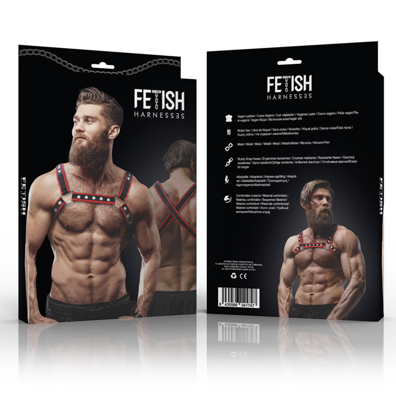 FETISH UNDERSODIG ATTITUDE - HERRE ØKO-LÆDER BRYST BULLDOG SELE SORT/RØD