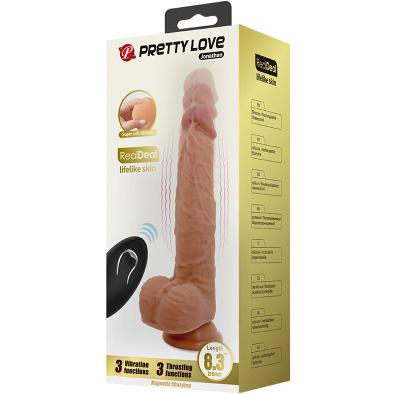 PRETTY LOVE - JONATHAN SILIKONE DILDO 3 VIBRATIONER + 3 INDSÆTTELSESMÅL FJERNBETJENING 21 CM