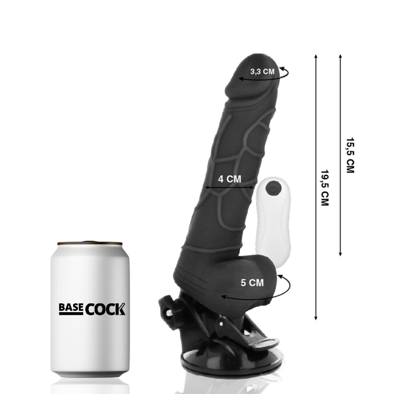 BASECOCK - REALISTISK VIBRATOR FJERNBETJENING SORT MED TESTIKLERNES 19,5 CM -O- 4 CM