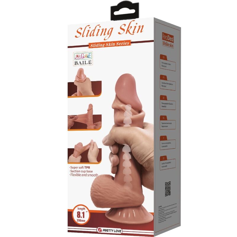 PRETTY LOVE - GLIDENDE HUD-SERIE REALISTISK DILDO MED GLIDENDE BRUN HUD-SUGEKOP 19,4 CM