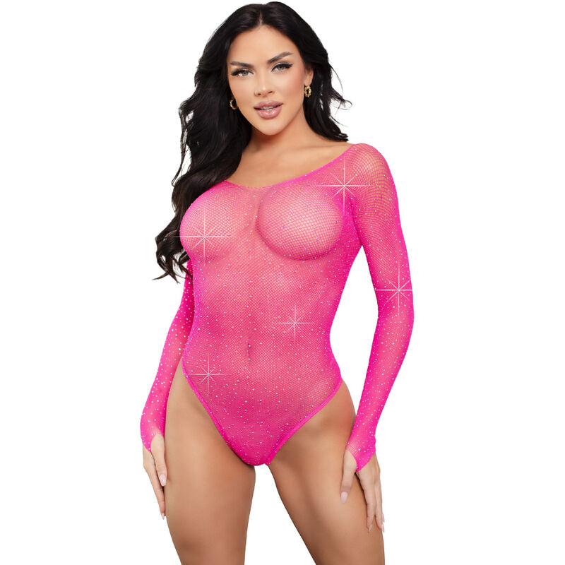 LEG AVENUE - KRYSTALLISERET LANGERMET BODYSUIT FUCHSIA