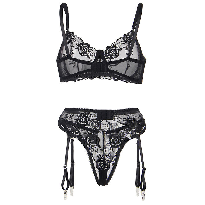 SUBBLIME - SÆT MED 3 DELE BH + THRING + RETSTRØJ MED BLOMSTERPRINT SORT S/M