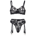 SUBBLIME - SÆT MED 3 DELE BH + THRING + RETSTRØJ MED BLOMSTERPRINT SORT S/M
