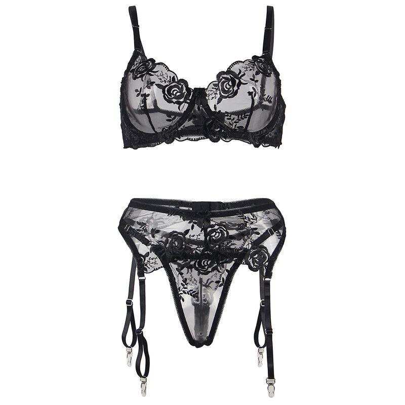 SUBBLIME - SÆT MED 3 DELE BH + THROSSE + RETSTRØJ MED BLOMSTERPRINT SORT L/XL