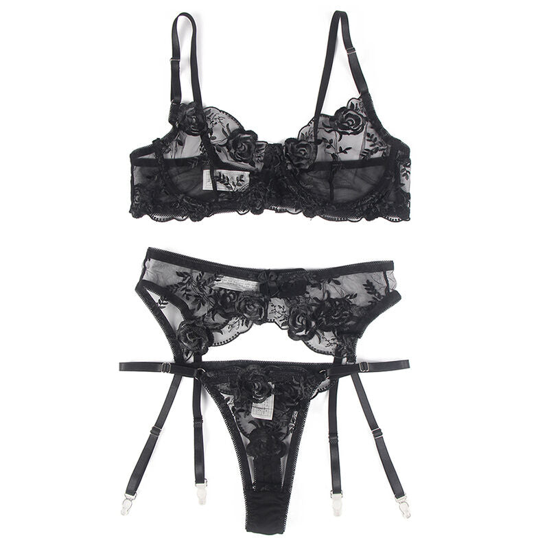 SUBBLIME - SÆT MED 3 DELE BH + THROSSE + RETSTRØJ MED BLOMSTERPRINT SORT L/XL