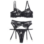 SUBBLIME - SÆT MED 3 DELE BH + THROSSE + RETSTRØJ MED BLOMSTERPRINT SORT L/XL