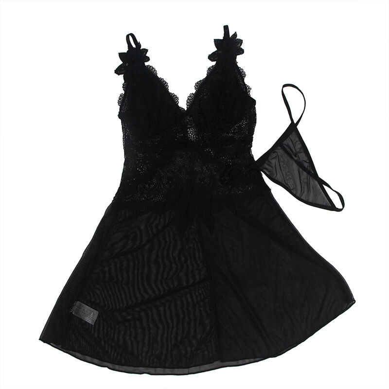 SUBBLIME - BABYDOLL TYLSTOF MED BLONDE OG BLOMSTERDETALJER SORT L/XL