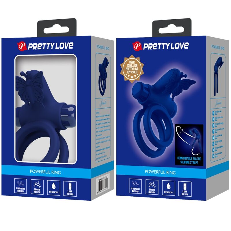 PRETTY LOVE - JAMELE DOBBELT RING MED VIBRATION & SOMMERFLUGESTIMULATOR BLÅ