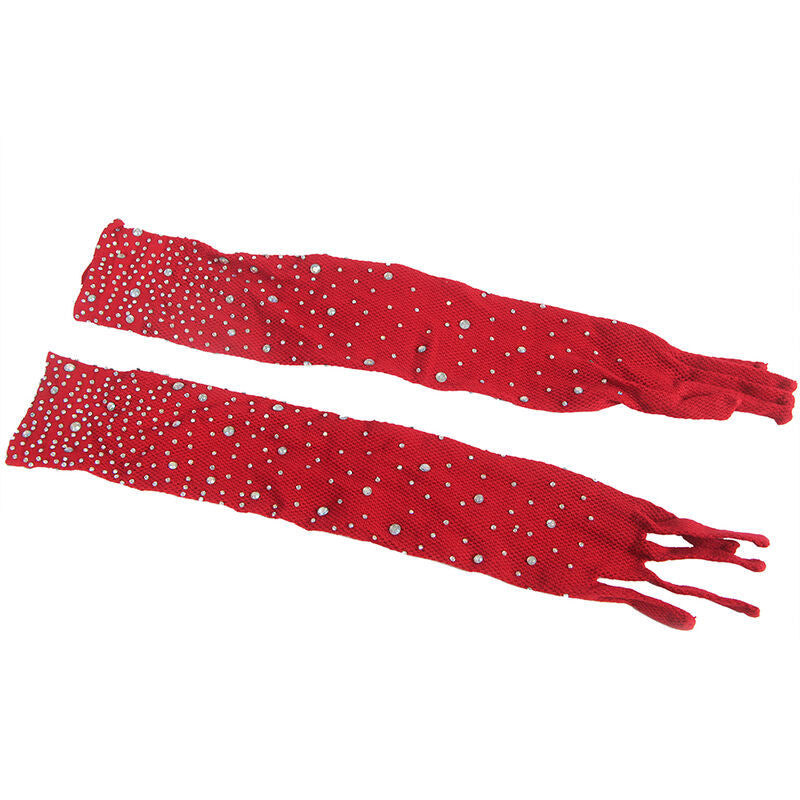 SUBBLIME - 952181 FISKENET BODYSTOCKING MED HANDSKER OG DIAMANTER RØD ONE SIZE