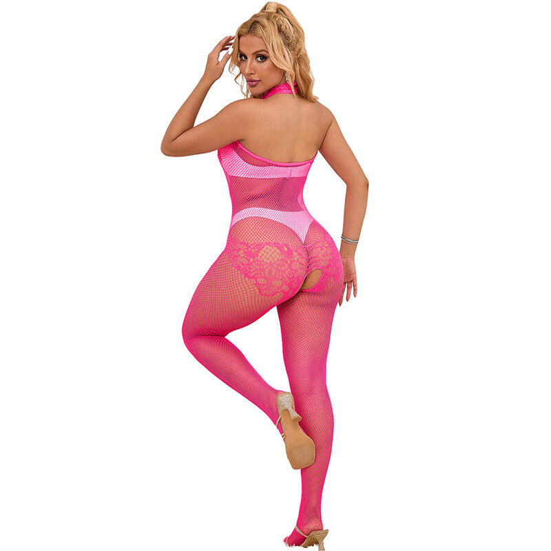 SUBBLIME - 952389 FISKENET- OG BLONDE-SKRIDTLØS BODYSTOCKING MED HØJ HALS LYSERØD ONE SIZE