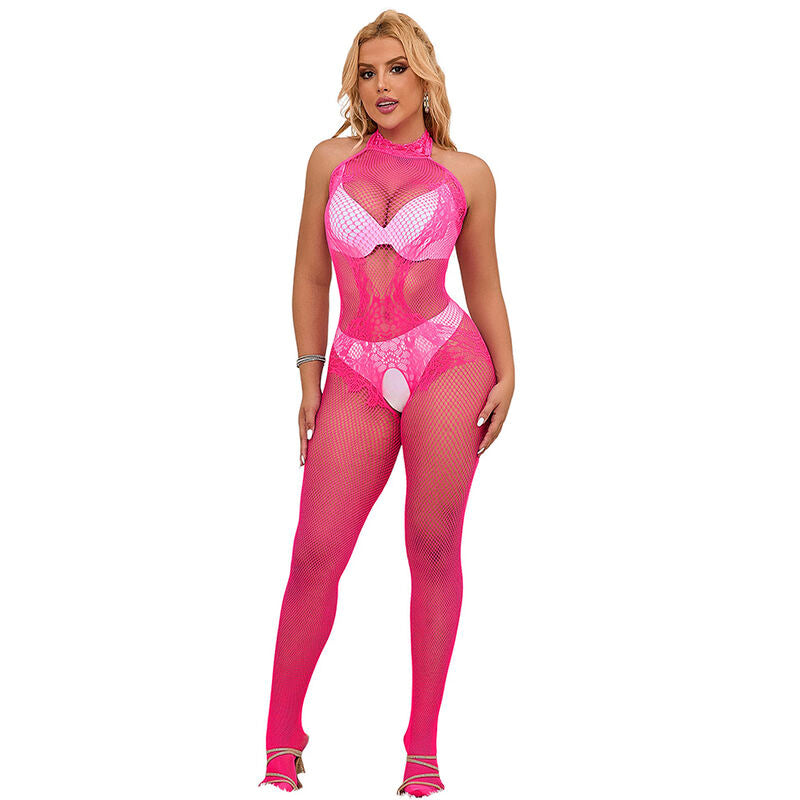 SUBBLIME - 952389 FISKENET- OG BLONDE-SKRIDTLØS BODYSTOCKING MED HØJ HALS LYSERØD ONE SIZE