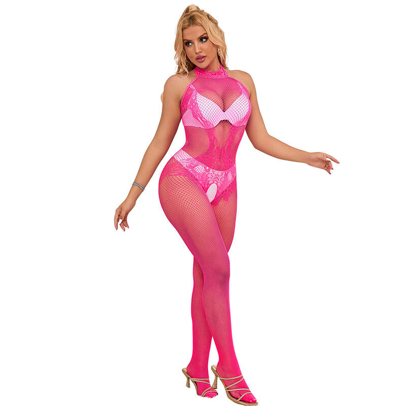 SUBBLIME - 952389 FISKENET- OG BLONDE-SKRIDTLØS BODYSTOCKING MED HØJ HALS LYSERØD ONE SIZE