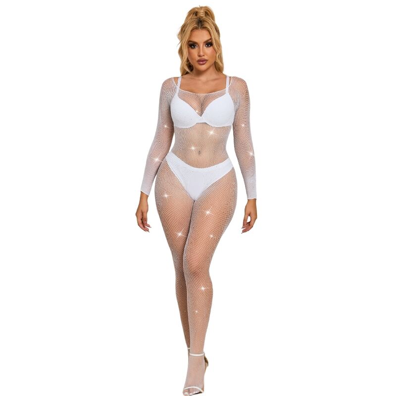 SUBBLIME - 952396 FISHNET BODYSTOCKING MED DIAMANTER LANGE ÆRMER HVID ONE SIZE