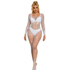 SUBBLIME - 952396 FISHNET BODYSTOCKING MED DIAMANTER LANGE ÆRMER HVID ONE SIZE