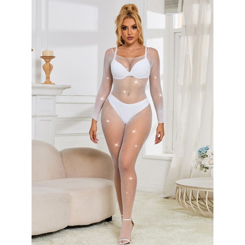 SUBBLIME - 952396 FISHNET BODYSTOCKING MED DIAMANTER LANGE ÆRMER HVID ONE SIZE