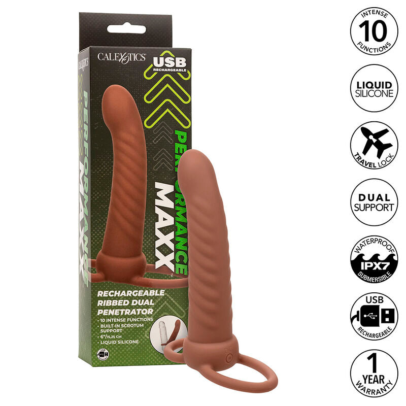 CALEXOTICS - MAXX RIBBED DUAL PENETRATOR 10 VIBRATIONER BRUN
