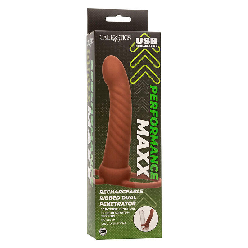 CALEXOTICS - MAXX RIBBED DUAL PENETRATOR 10 VIBRATIONER BRUN
