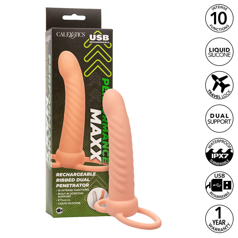 CALEXOTICS - MAXX RIBBED DUAL PENETRATOR 10 VIBRATIONER FLESH