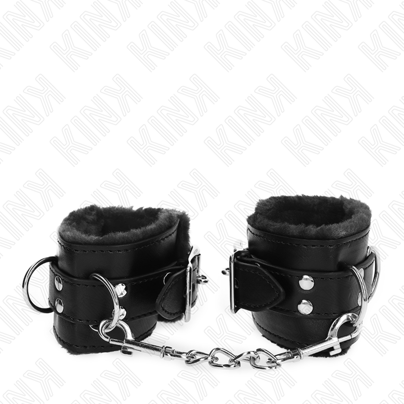 KINK - HÅNDLEDSBELØB MED PELSFOREDE HÅNDLEDSREMMER, SORT MED SORT BÆLTE, JUSTERBAR 17-29 CM X 6 CM