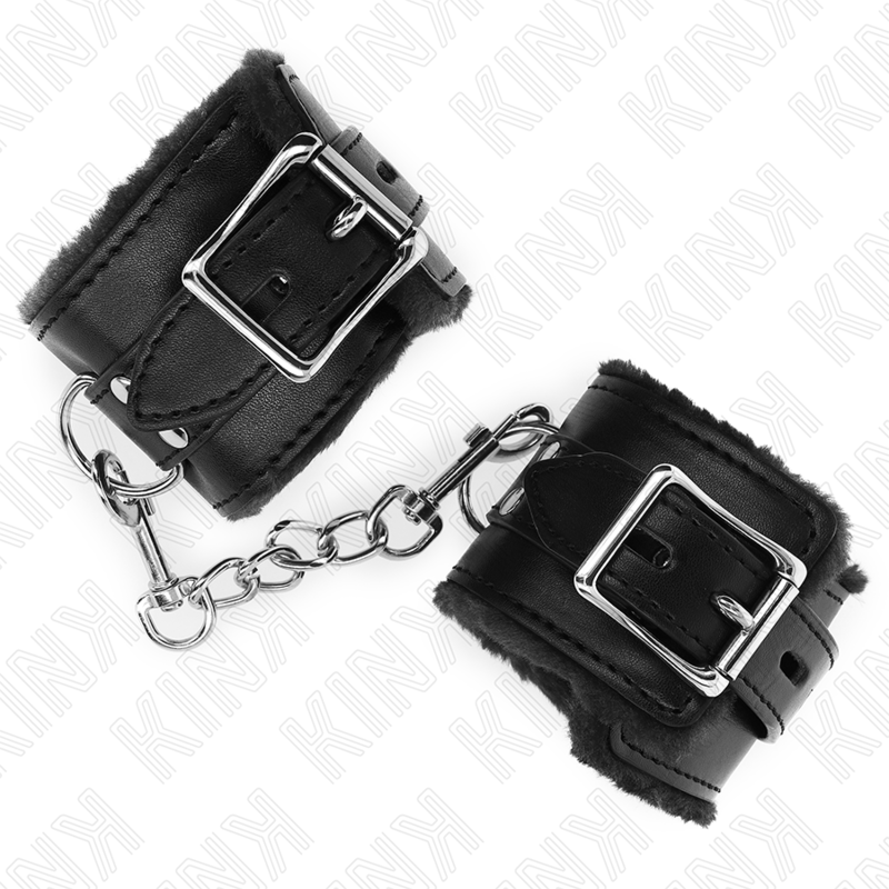KINK - HÅNDLEDSBELØB MED PELSFOREDE HÅNDLEDSREMMER, SORT MED SORT BÆLTE, JUSTERBAR 17-29 CM X 6 CM
