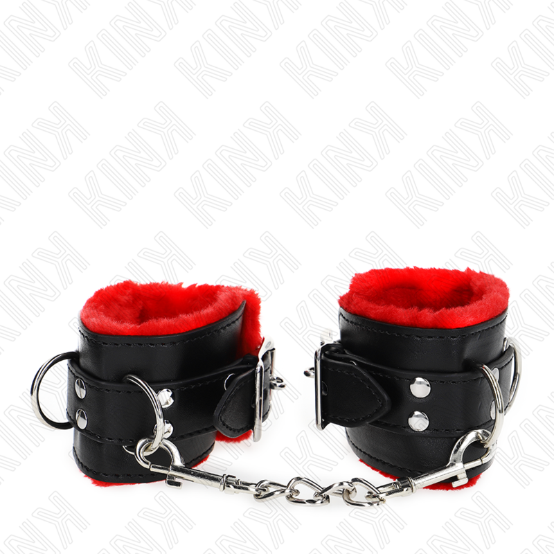 KINK - HÅNDLEDSBELØB MED PELSFOREDE FIRKANTEDE HULLER, RØD OG SORT BÆLTE, JUSTERBAR 17-29 CM X 6 CM