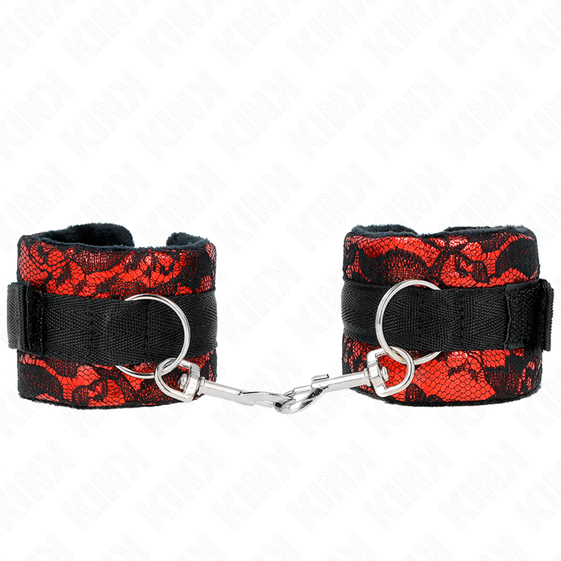 KINK - KORTE HÅNDLEDSBÅND I FLØJL MED BLONDE OG NYLONBINDING RØD/SORT 23 X 6,5 CM