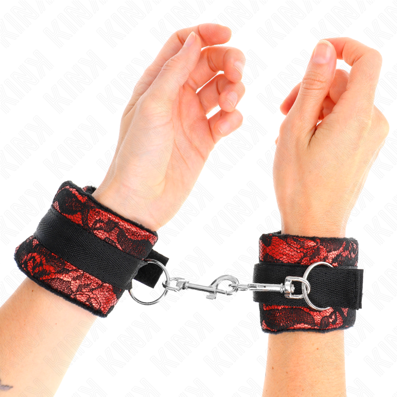 KINK - KORTE HÅNDLEDSBÅND I FLØJL MED BLONDE OG NYLONBINDING RØD/SORT 23 X 6,5 CM