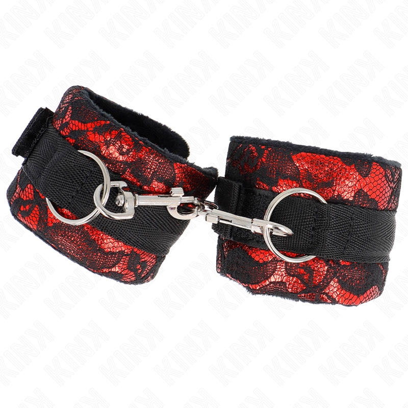 KINK - KORTE HÅNDLEDSBÅND I FLØJL MED BLONDE OG NYLONBINDING RØD/SORT 23 X 6,5 CM