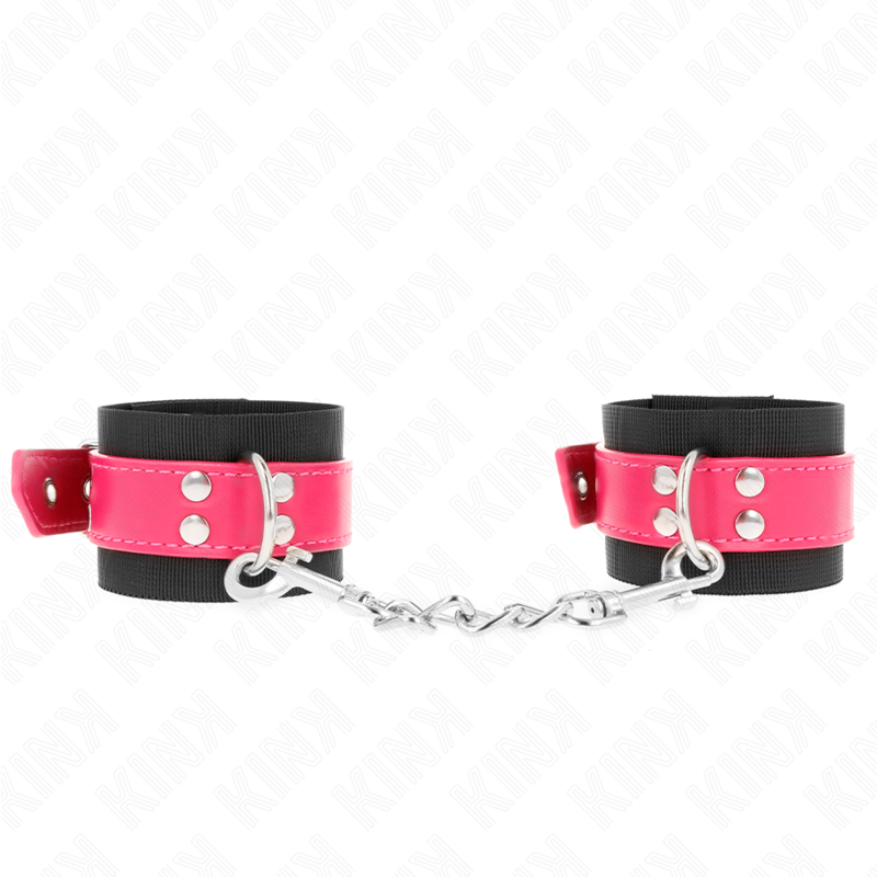 KINK - NYLON HÅNDLEDSBÆLTER I SORT MED LÆDERBÆLTE I HINDBÆRROSE JUSTERBAR 19-29 CM X 5,1 CM