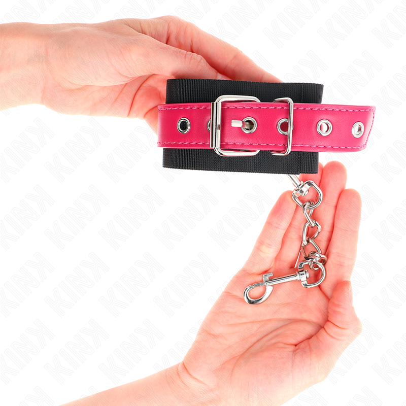KINK - NYLON HÅNDLEDSBÆLTER I SORT MED LÆDERBÆLTE I HINDBÆRROSE JUSTERBAR 19-29 CM X 5,1 CM