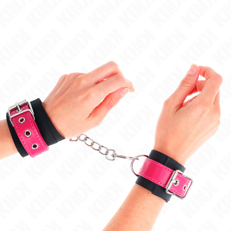 KINK - NYLON HÅNDLEDSBÆLTER I SORT MED LÆDERBÆLTE I HINDBÆRROSE JUSTERBAR 19-29 CM X 5,1 CM