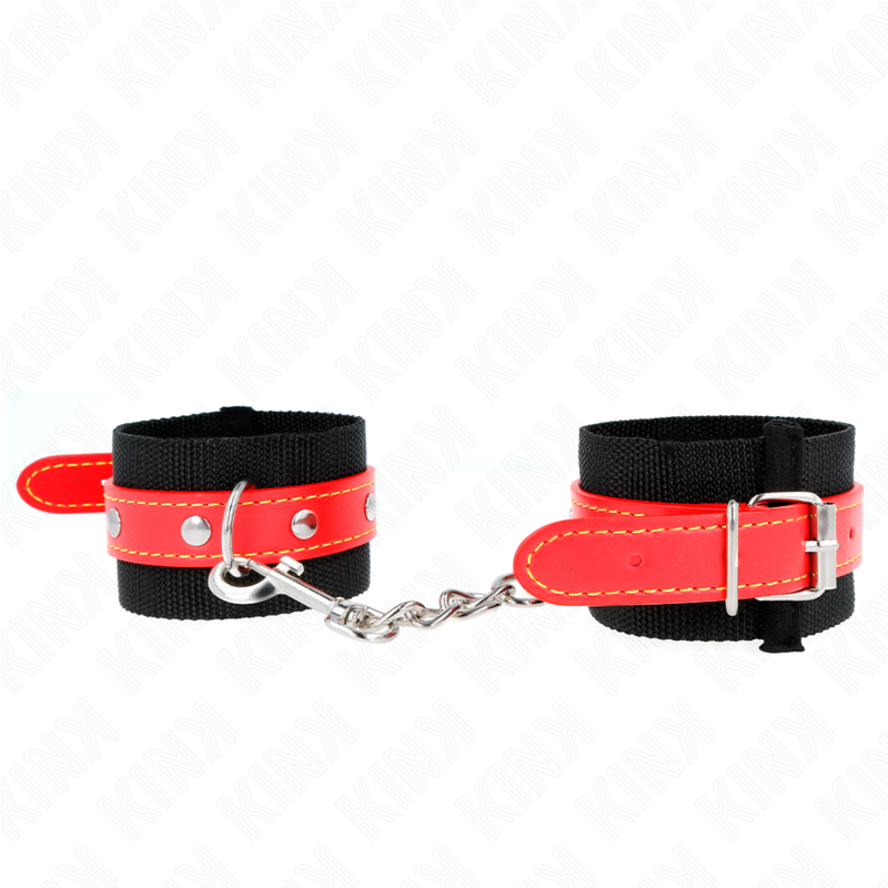 KINK - NYLON HÅNDLEDSBÆLGER SORT MED RØD LÆDERI JUSTERBAR 19-24 CM X 5,5 CM