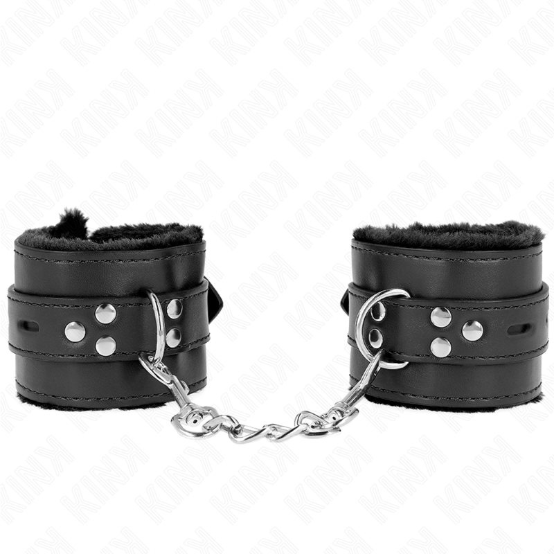 KINK - HÅNDLEDSBELØB MED PELSFOREDE FIRKANTEDE HULLER I SORTE OG SORT BÆLTE, JUSTERBAR 17-29 CM X 6 CM