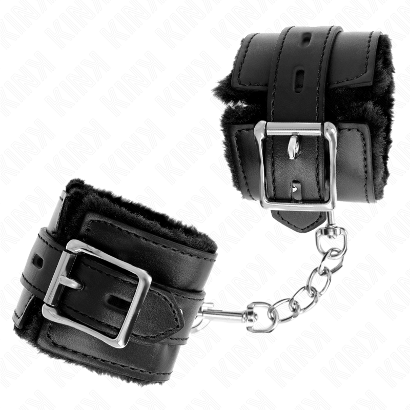 KINK - HÅNDLEDSBELØB MED PELSFOREDE FIRKANTEDE HULLER I SORTE OG SORT BÆLTE, JUSTERBAR 17-29 CM X 6 CM
