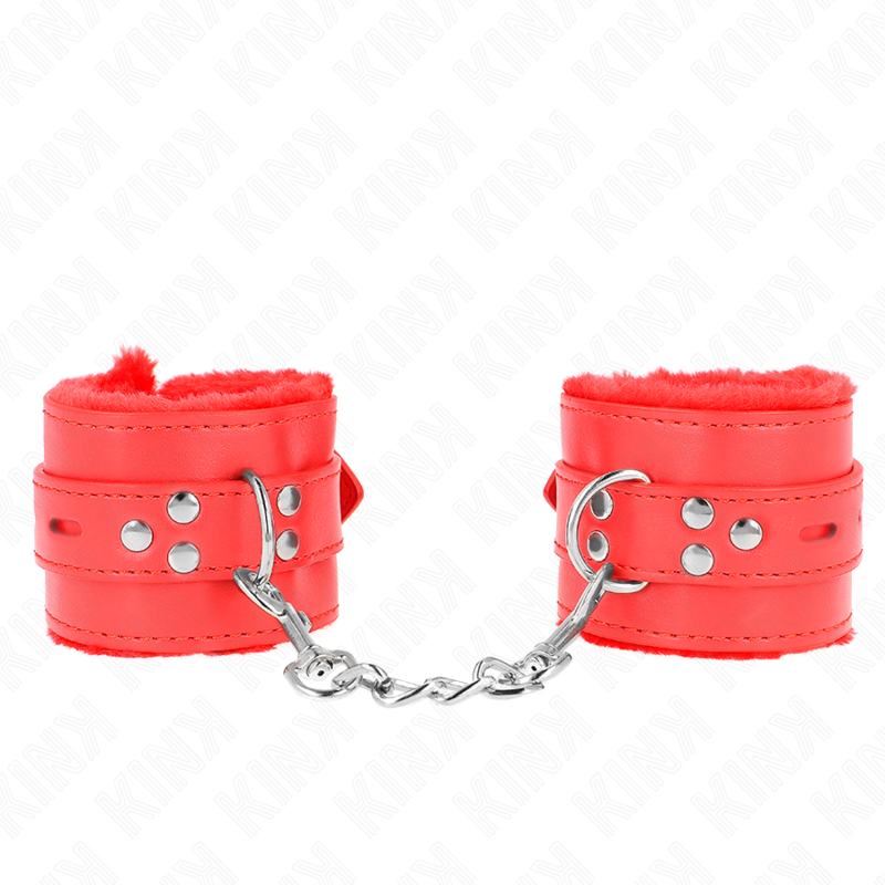 KINK - HÅNDLEDSBELØB MED PELSFOREDE FIRKANTEDE HULLER, RØDE OG RØDE BÆLTER, JUSTERBAR 17-29 CM X 6 CM