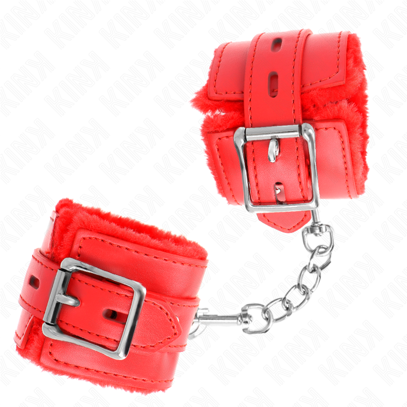 KINK - HÅNDLEDSBELØB MED PELSFOREDE FIRKANTEDE HULLER, RØDE OG RØDE BÆLTER, JUSTERBAR 17-29 CM X 6 CM